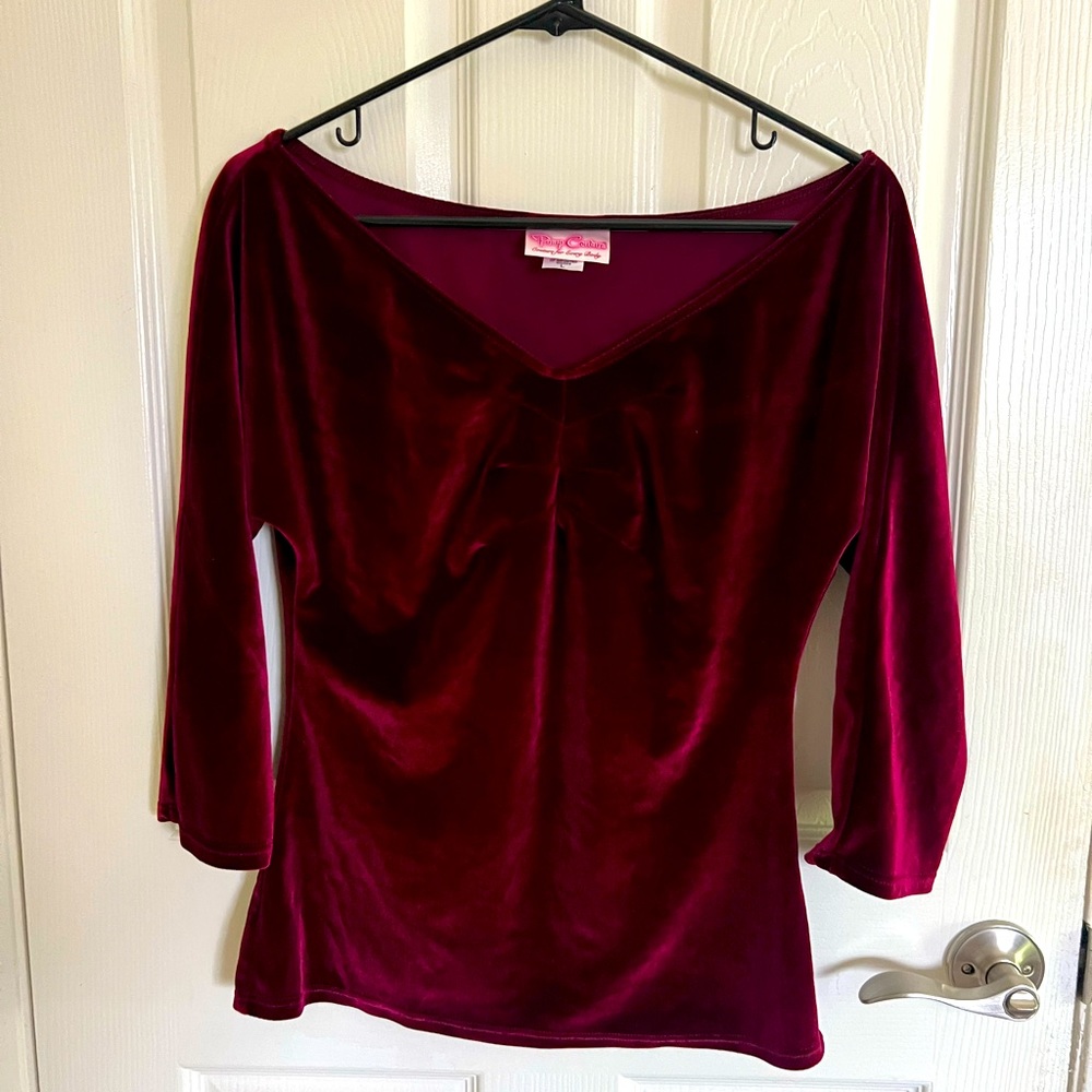 Pinup girl, couture velvet Christmas shirt